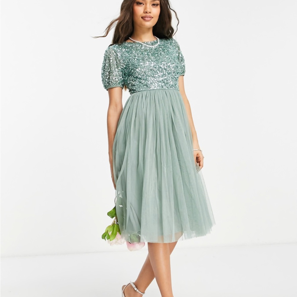 Maya Petite embellished top midi dress in dusty sage